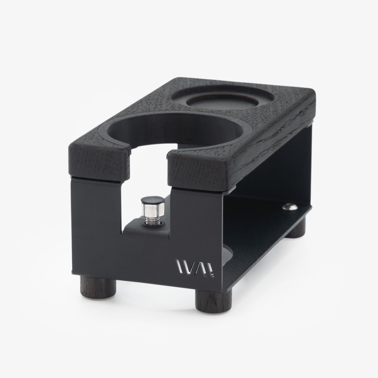 Tamperstation Lang aus pulverbeschichtetem Edelstahl in Schwarz mit Räuchereiche-Elementen