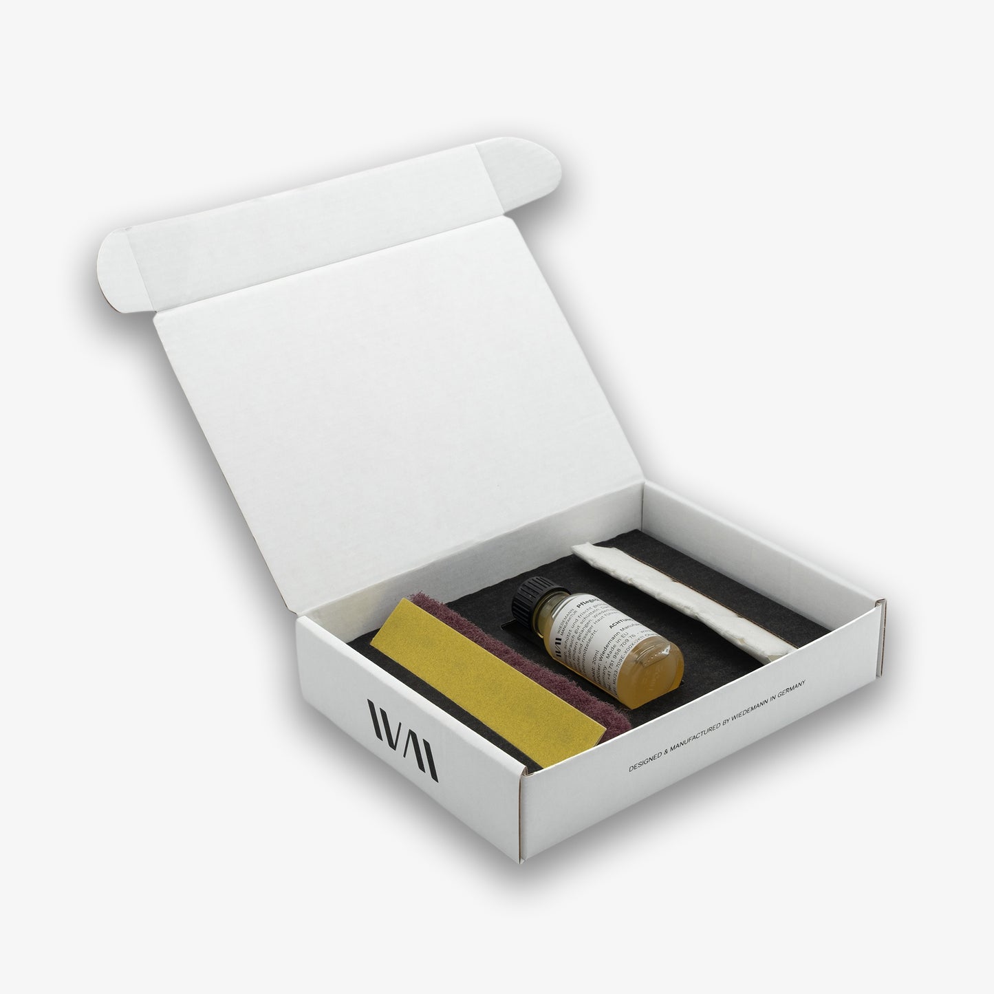 Pflegeset für Holzgriffe mit 3x Schleifpapier 320er Körnung, Schleifvlies, 20ml Pflegeöl und 6 Tupfern – Wiedemann Manufaktur