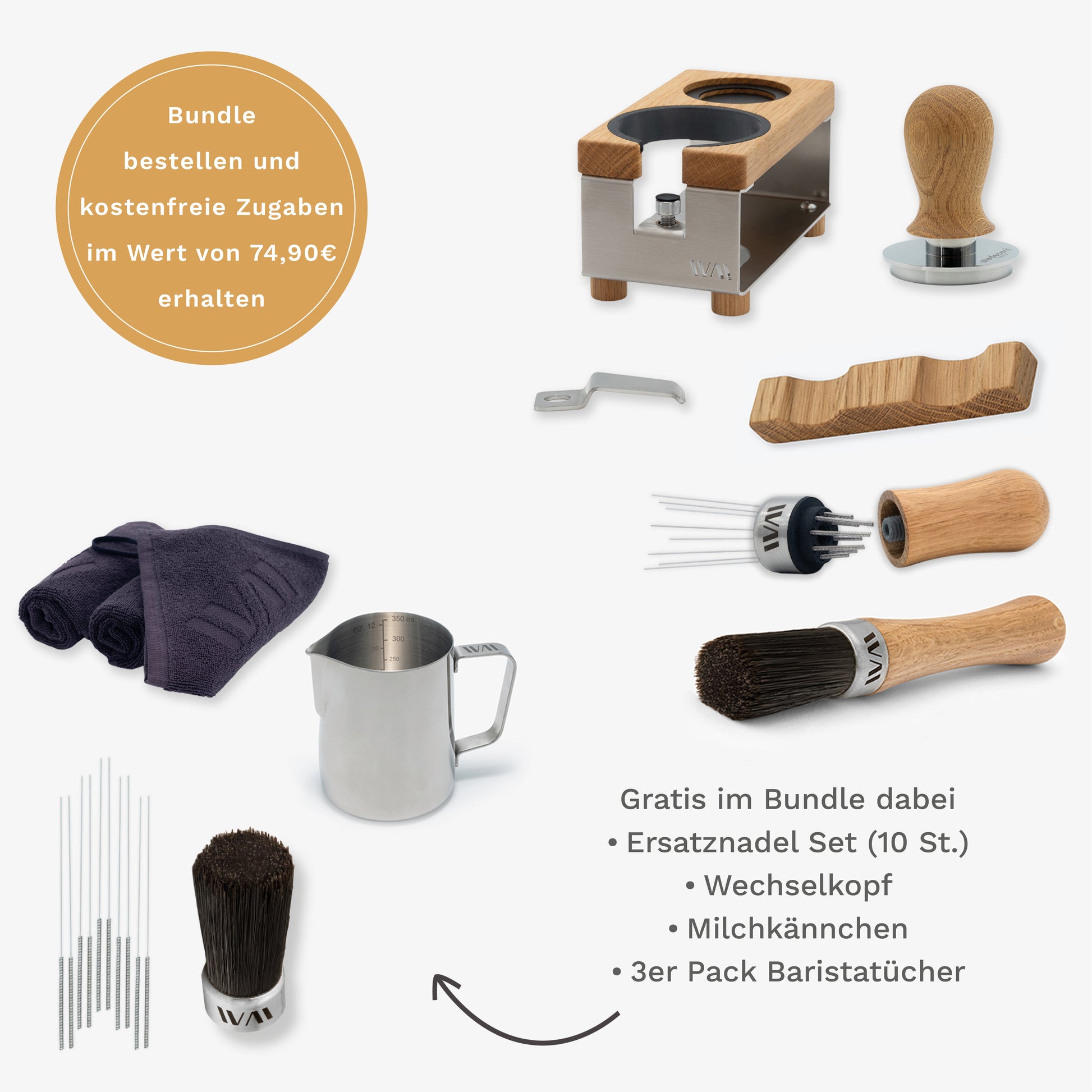 Tamperstation Edelstahl Super Bundle mit Eiche-Elementen und Zubehör – Wiedemann Manufaktur