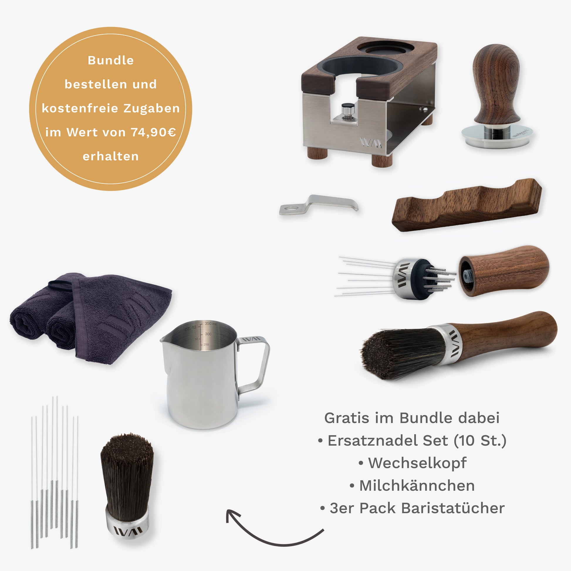 Tamperstation Edelstahl Super Bundle mit Nussbaum-Elementen und Zubehör – Wiedemann Manufaktur