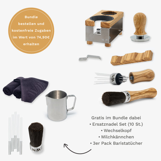 Tamperstation Edelstahl Super Bundle mit Olivenholz-Elementen und Zubehör – Wiedemann Manufaktur