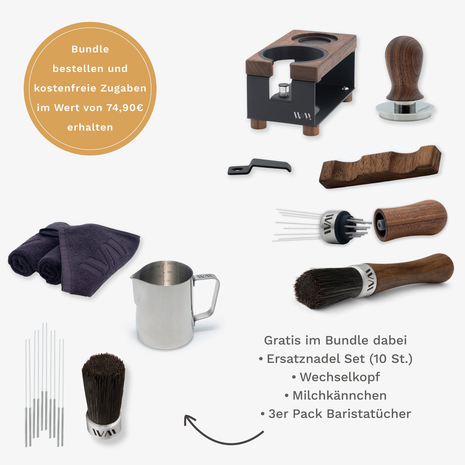 Tamperstation Schwarz Super Bundle mit Nussbaum-Elementen und Zubehör – Wiedemann Manufaktur