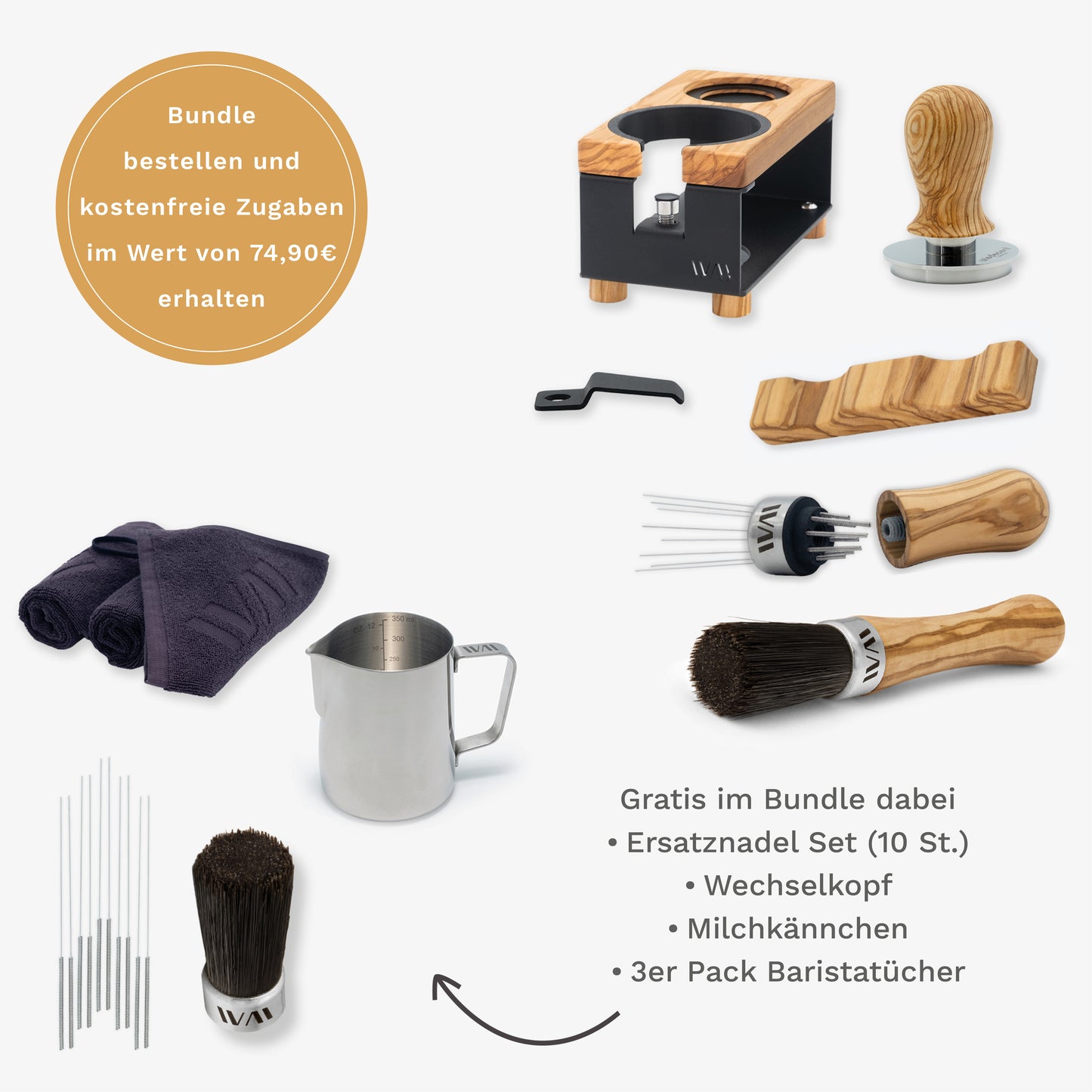 Tamperstation Schwarz Super Bundle mit Olivenholz-Elementen und Zubehör – Wiedemann Manufaktur