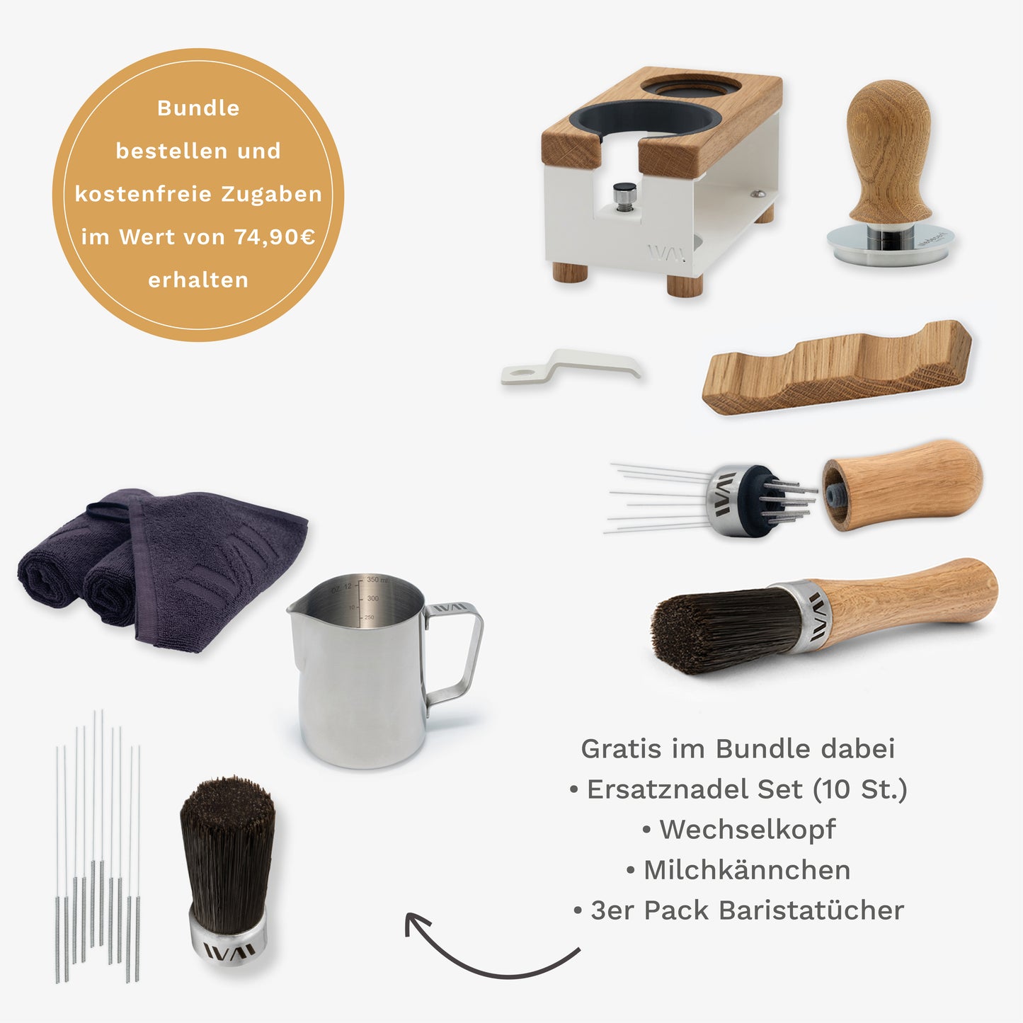 Tamperstation Weiß Super Bundle mit Eichenholz-Elementen und Zubehör – Wiedemann Manufaktur