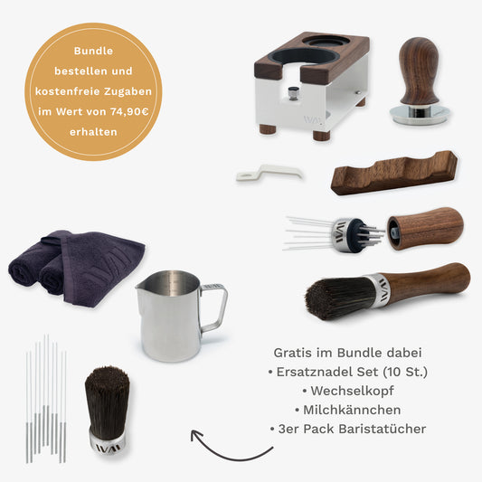 Tamperstation Weiß Super Bundle mit Nussbaum-Elementen und Zubehör – Wiedemann Manufaktur