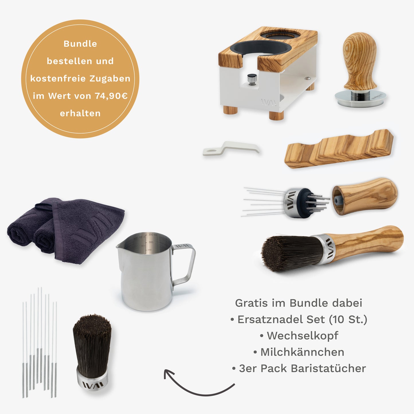 Tamperstation Weiß Super Bundle mit Olivenholz-Elementen und Zubehör – Wiedemann Manufaktur