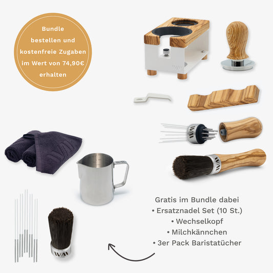 Tamperstation Weiß Super Bundle mit Olivenholz-Elementen und Zubehör – Wiedemann Manufaktur